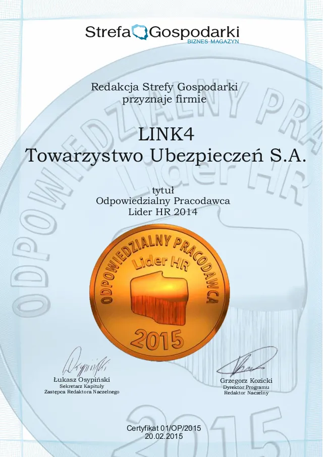 LINK4 Odpowiedzialnym Pracodawcą i Liderem HR 2015