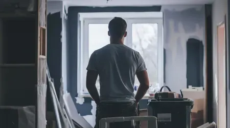 Mężczyzna stojący tyłem. W tle wnętrze domu w trakcie remontu.