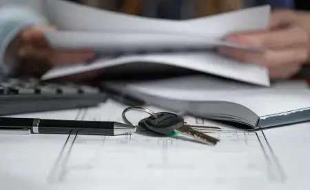 Plan mieszkania, na nim leżą klucze i widać dłonie osoby przeglądającej dokumenty.