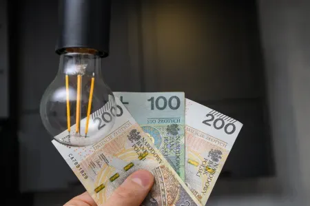 Żarówka na tle banknotów.